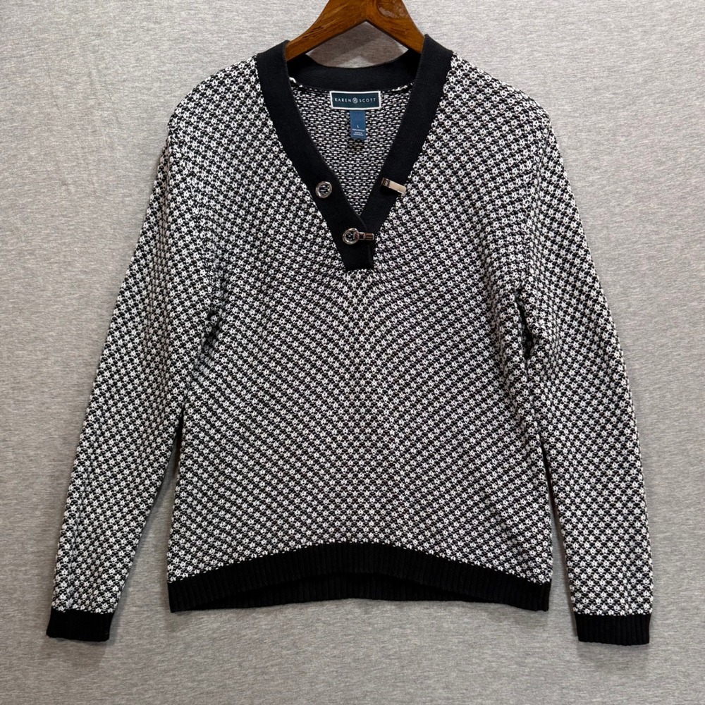 Karen Scott Sweater Womens L Black White Geometric Toggle V-Neck Knit Pullover